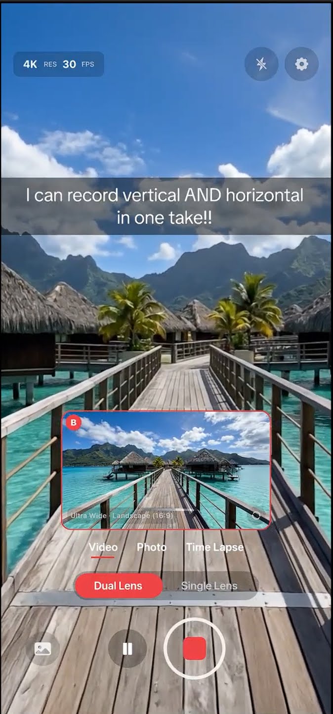 DualTake iPhone app capturing landscape and portrait video in a single take.