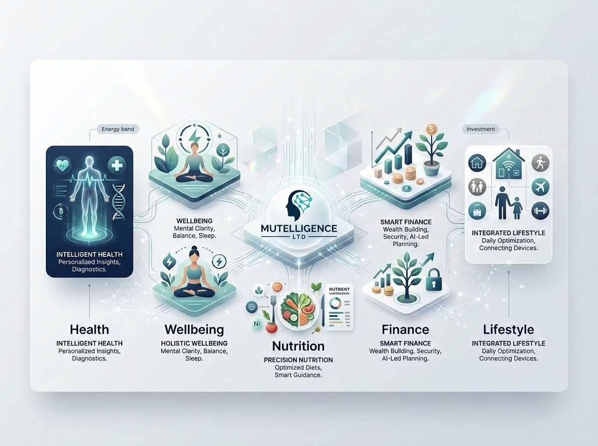Mutelligence ecosystem map across health, wellbeing, nutrition, finance and lifestyle.