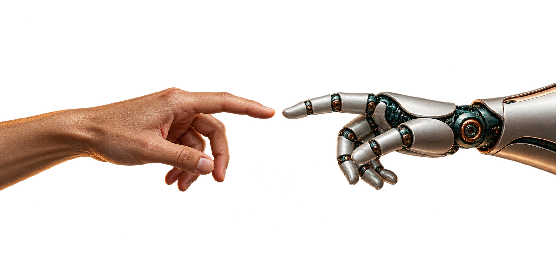 A human hand reaching towards a finely articulated robotic hand