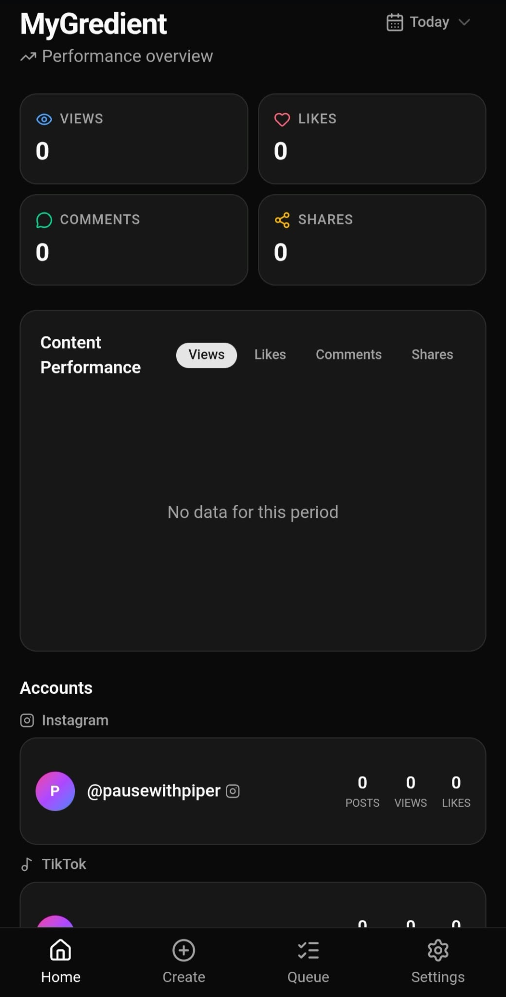 MutelliSync in-house social media dashboard showing an account performance overview and Home, Create, Queue and Settings navigation