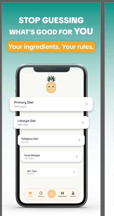 MyGredient app showing diet, lifestyle, allergy and skin-type personalisation options.