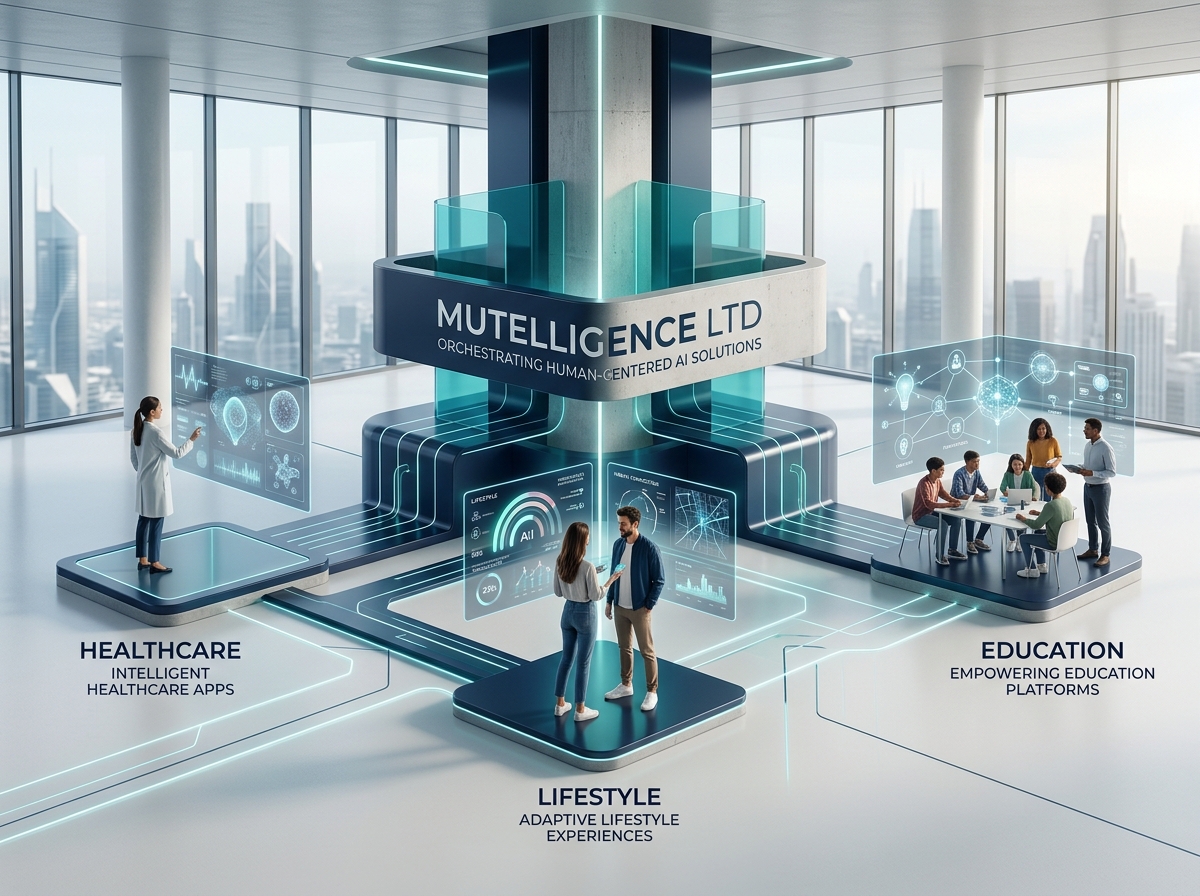 An illustration of Mutelligence orchestrating intelligent products across sectors.